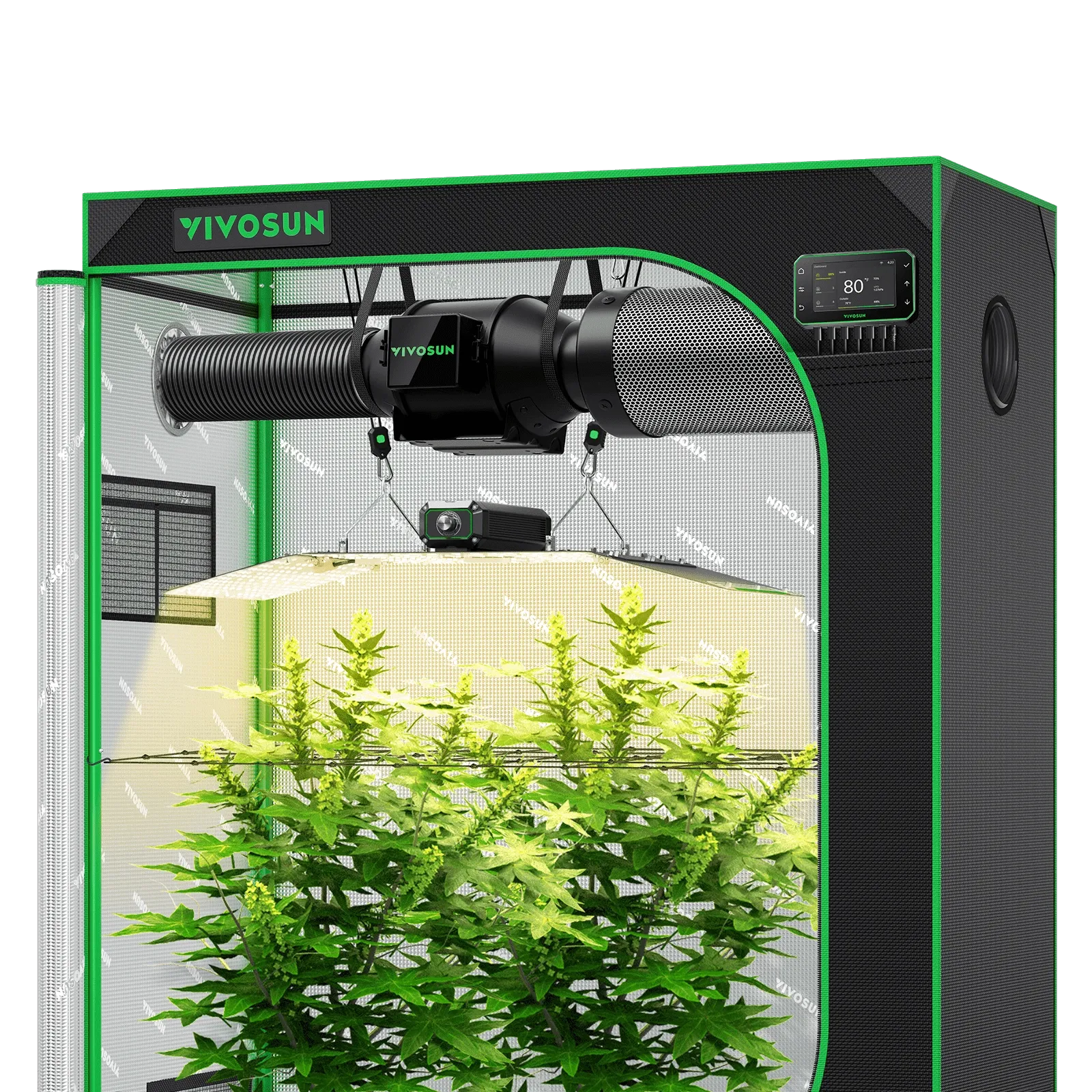 Vivosun Smart Grow Tent Kit with vibrant green plants, an overhead LED grow light, inline fan, and digital controller.
