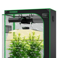 Vivosun Smart Grow Tent Kit with vibrant green plants, an overhead LED grow light, inline fan, and digital controller.