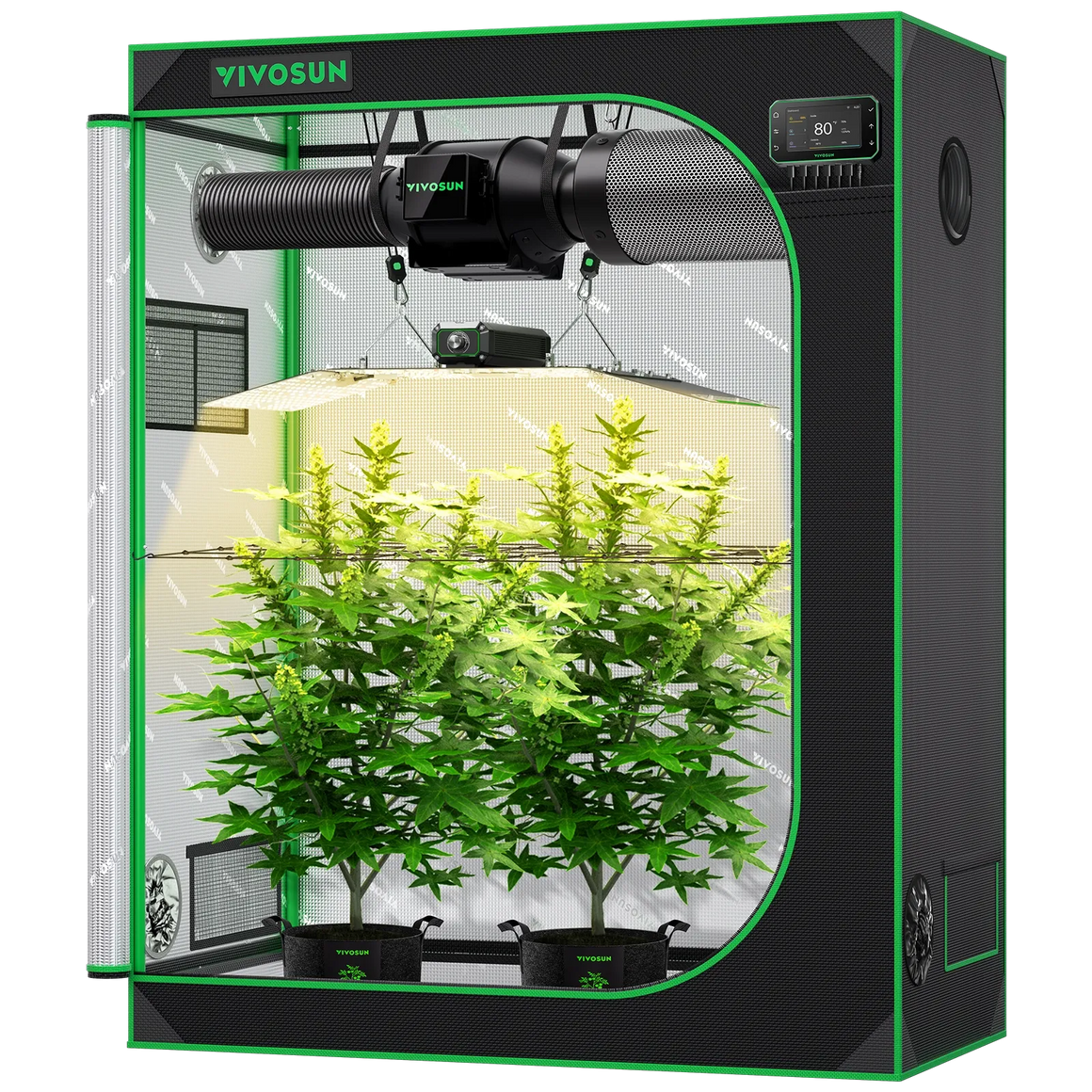Vivosun Smart Grow Tent Kit, showing flowering plants, full-spectrum LED light, inline fan, and digital controller.