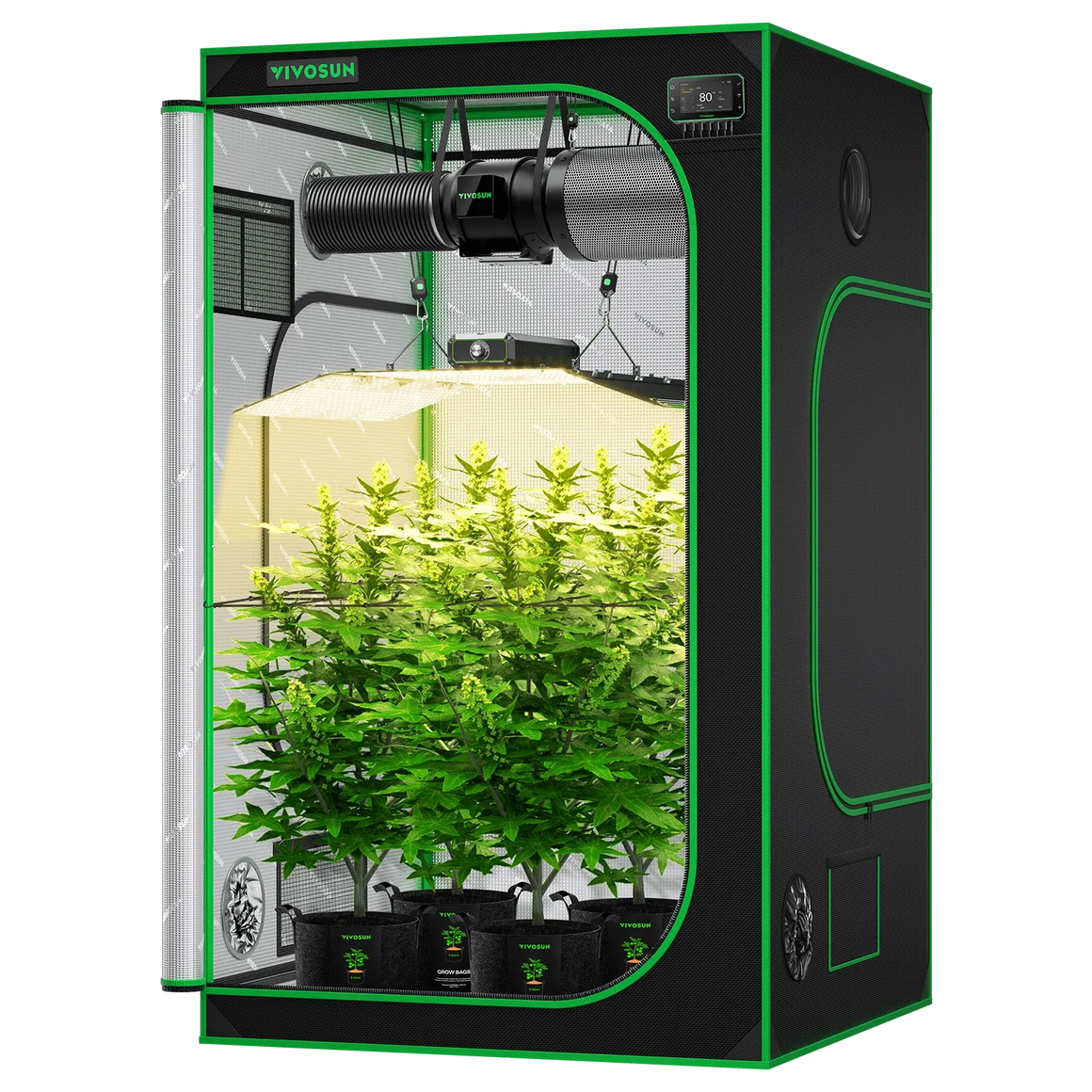 Vivosun 4x4 Smart Grow Tent Kit with flowering plants, full spectrum LED light, inline fan, and digital controller.