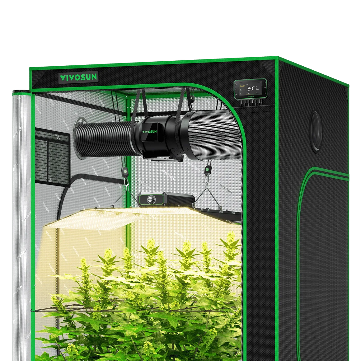 Vivosun smart grow tent kit with full spectrum LED grow lights, inline fan, carbon filter, smart controller, and flowering plants.