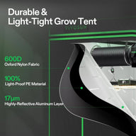 Vivosun grow tent cross-section showing 600D Oxford nylon, light-proof PE, and 17µm highly-reflective aluminum layers.