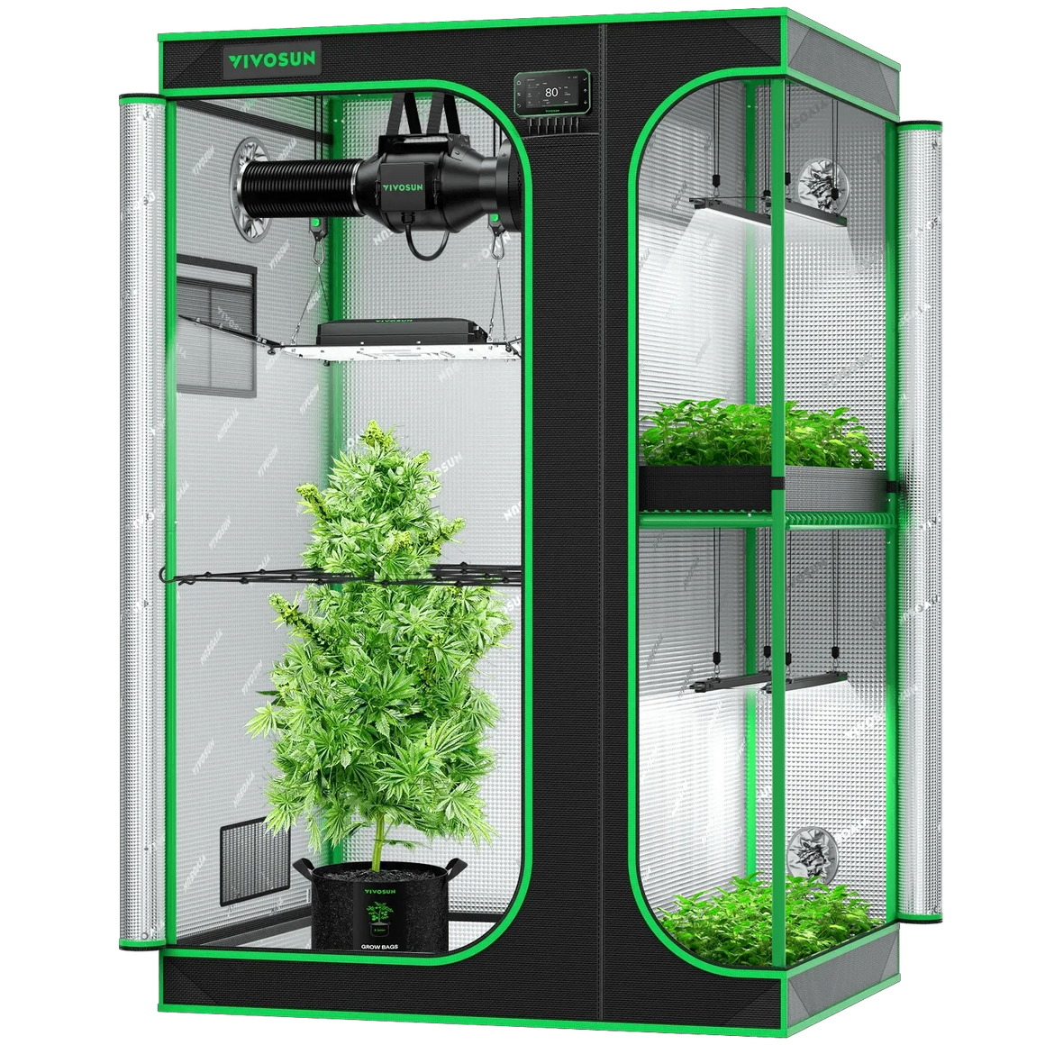 VIVOSUN Smart 2-in-1 grow tent with plants, LED lights, fan, and controller.