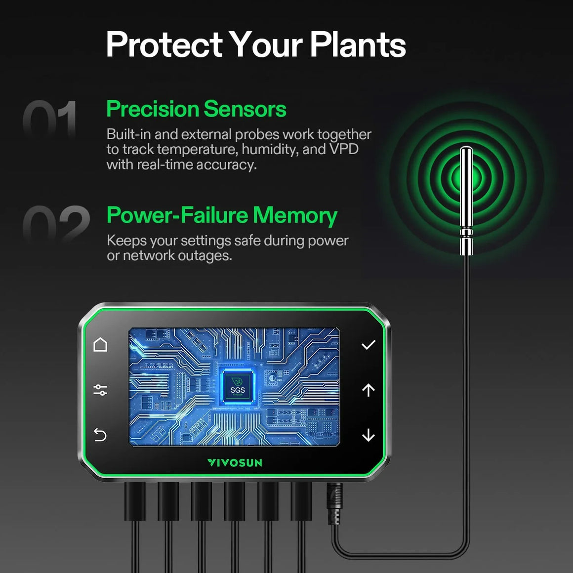 VIVOSUN smart controller for grow tents, featuring precision sensors and power-failure memory.