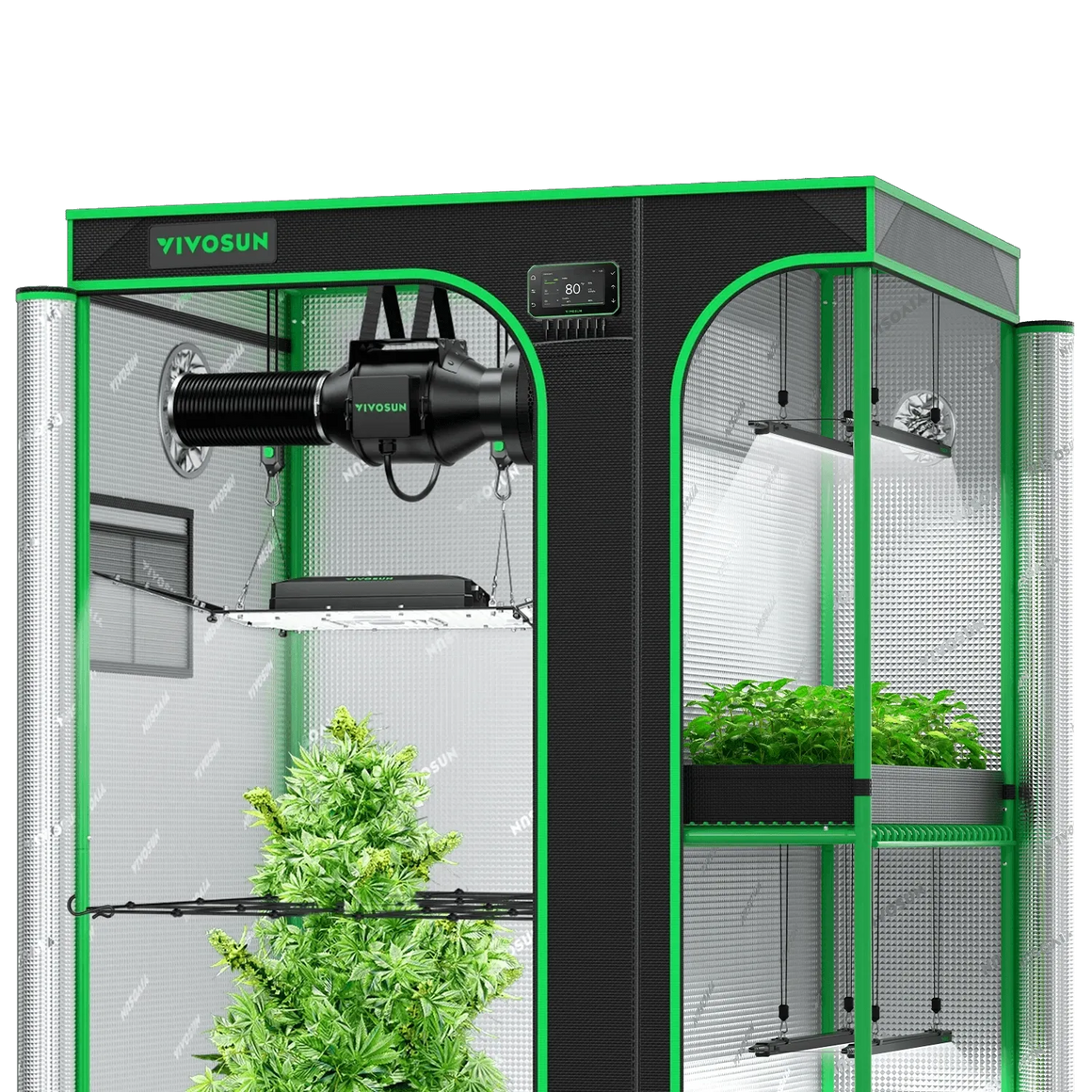 Vivosun 3x4 grow tent kit with fan, lights, and plants.