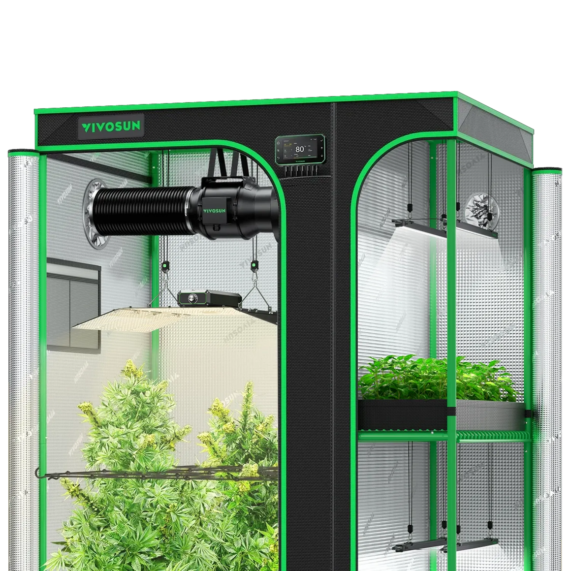 VIVOSUN smart 2-in-1 grow tent kit with plants, lights, fan, and ventilation system.