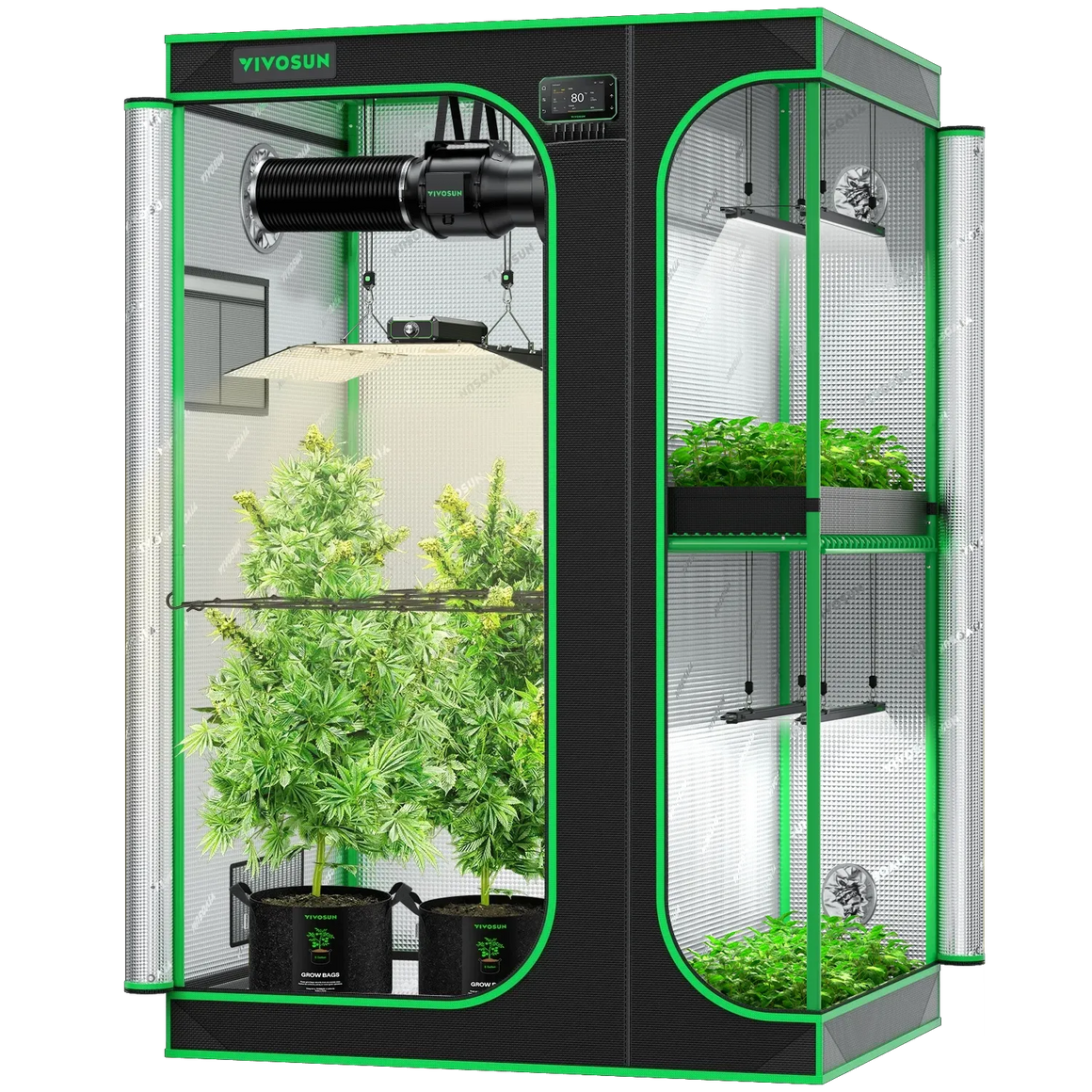 VIVOSUN 4x5 smart 2-in-1 grow tent kit with plants, lights, fan, and control panel.