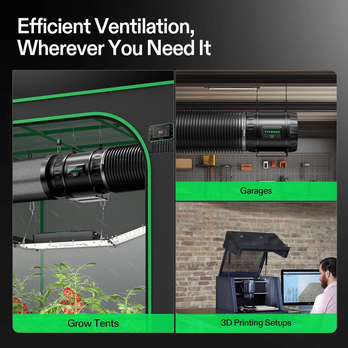 Grow tents, garages, and 3D printing setups with Vivosun smart air filtration kits.