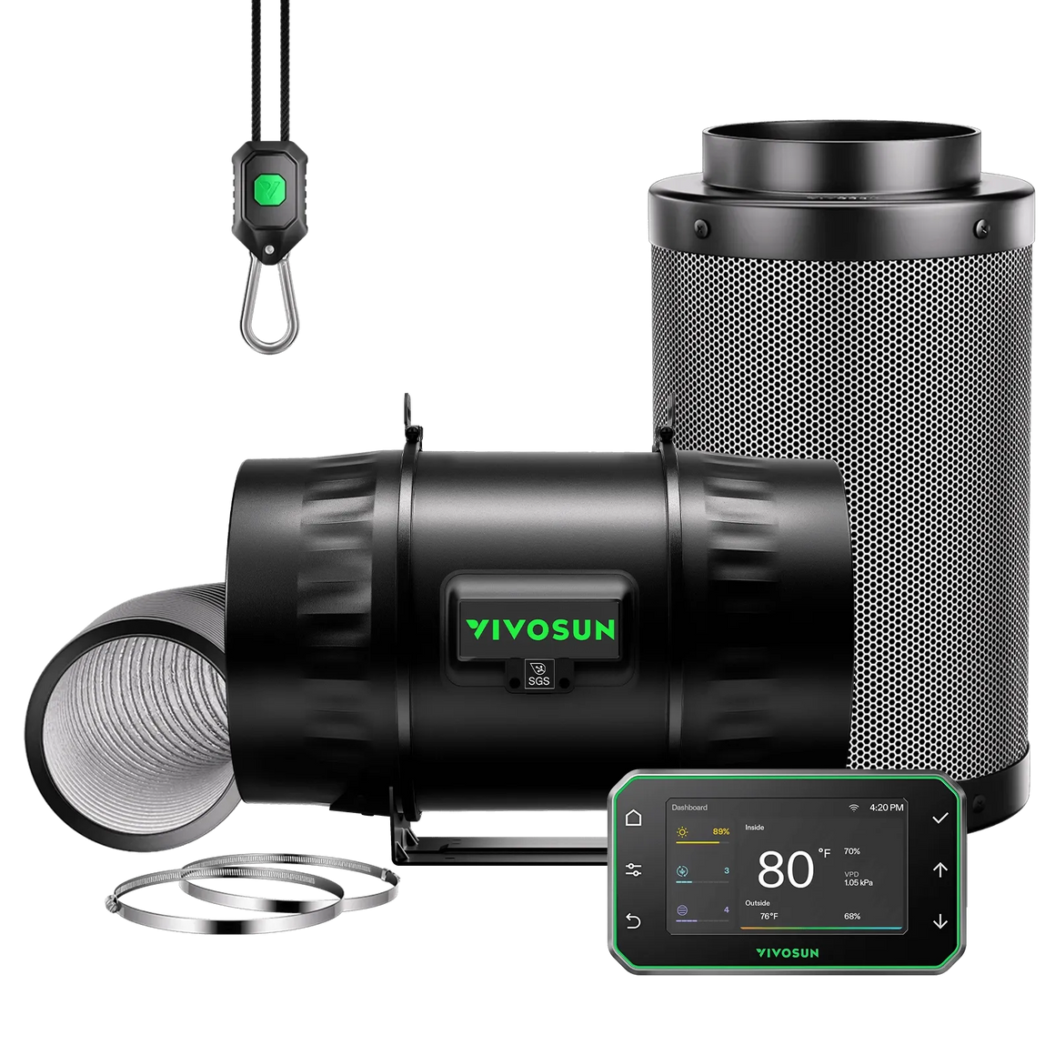 Vivosun smart air filtration kit with inline fan, carbon filter, ducting, and control panel.