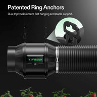 Vivosun 4-inch smart air filtration kit, black inline fan with ducting, patented ring anchors for hanging.