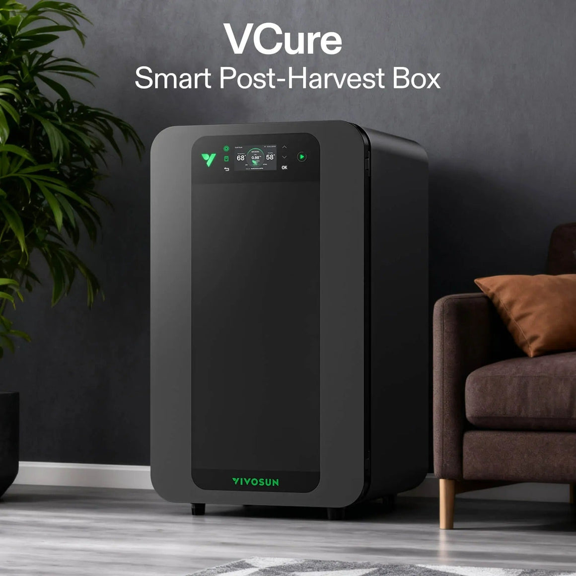 Vivosun VCure Smart Post-Harvest Box with digital display, next to a couch.