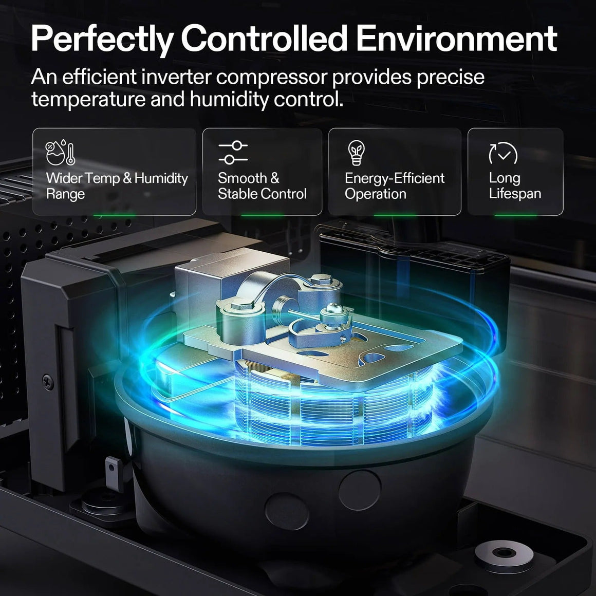 Vivosun Smart Cure Box: precision inverter compressor, wider temp/humidity range, smooth control, energy-efficient, long lifespan.