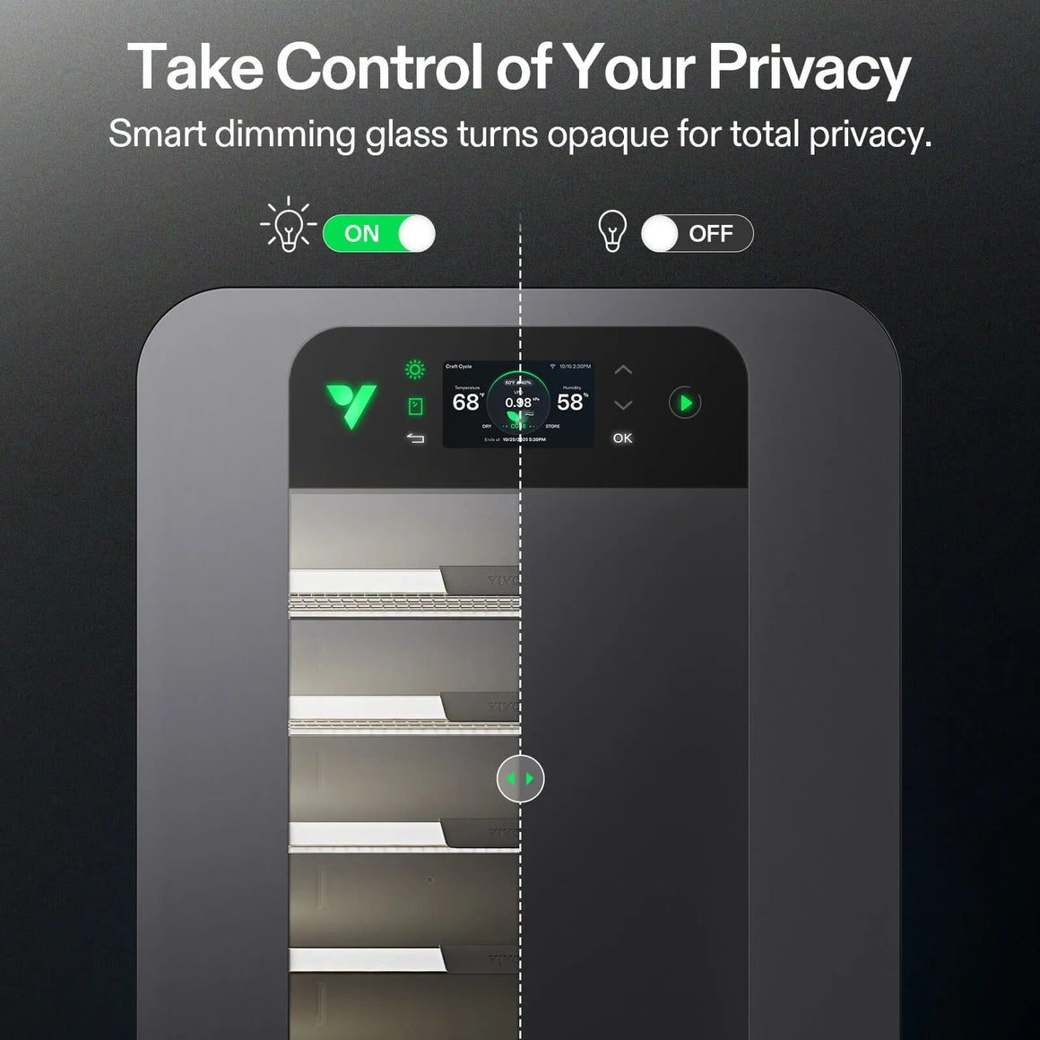Vivosun Smart Cure Box control panel with display showing temperature, humidity, and craft cycle settings.