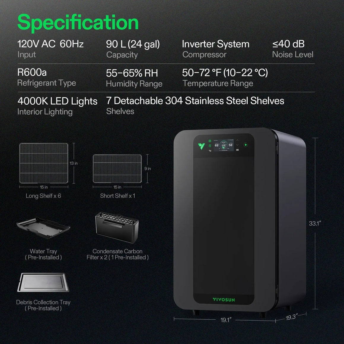 VIVOSUN Smart Cure Box specs: 120V AC, 90L capacity, R600a refrigerant, 55-65% RH, 50-72°F, 4000K LED lights, 7 shelves, inverter compressor, <40 dB noise.