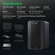 VIVOSUN Smart Cure Box specs: 120V AC, 90L capacity, R600a refrigerant, 55-65% RH, 50-72°F, 4000K LED lights, 7 shelves, inverter compressor,

  
  
 <40 dB noise.