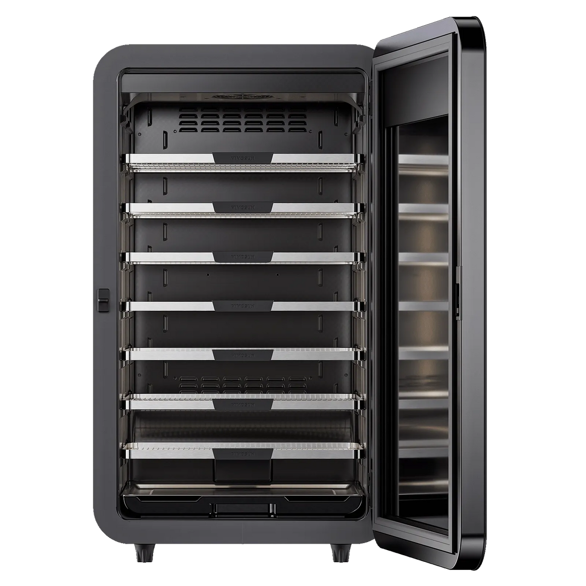Vivosun smart cure box, black with open door, 7 racks, LED lights, digital display, black background.