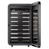 Vivosun smart cure box, black with open door, 7 racks, LED lights, digital display, black background.