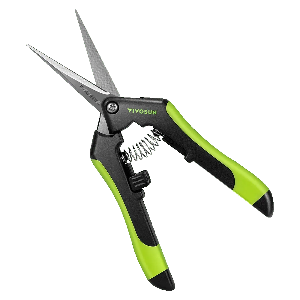 Vivosun stainless steel pruning shear with green handles and a black grip.