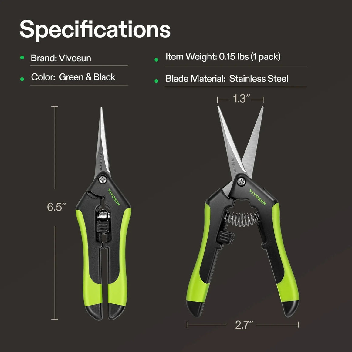 Vivosun pruning shears: green & black, stainless steel blades, 6.5" length, 1.3" blade width, 2.7" handle width.