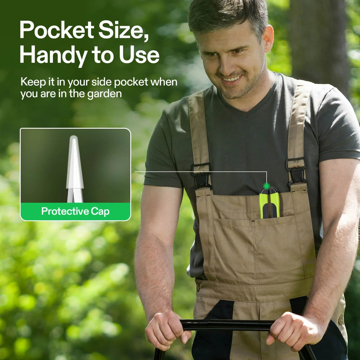 Gardener in overalls with a pruning shear in his pocket. Features text "Pocket Size, Handy to Use".