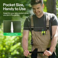 Gardener in overalls with a pruning shear in his pocket. Features text 