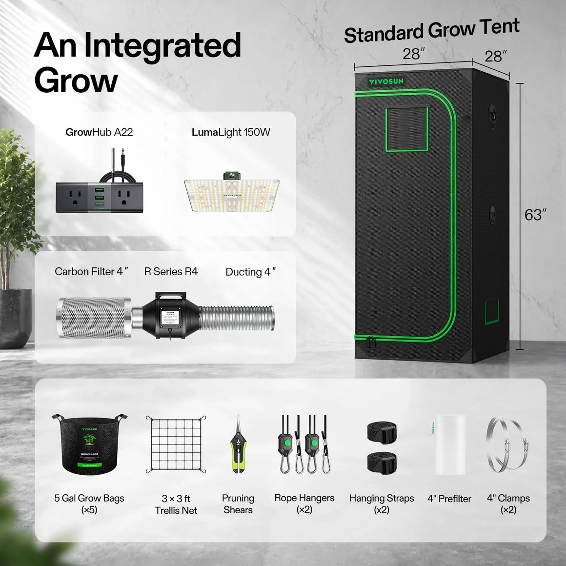 Vivosun 2.3x2.3 grow tent kit includes grow light, fan, filter, ducting, bags, net, shears, hangers, straps, prefilter, clamps.