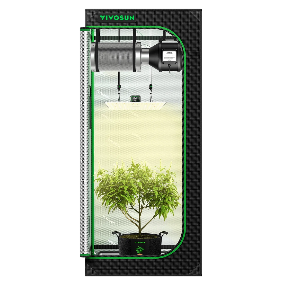 VIVOSUN grow tent kit with LED light, fan, and plant.