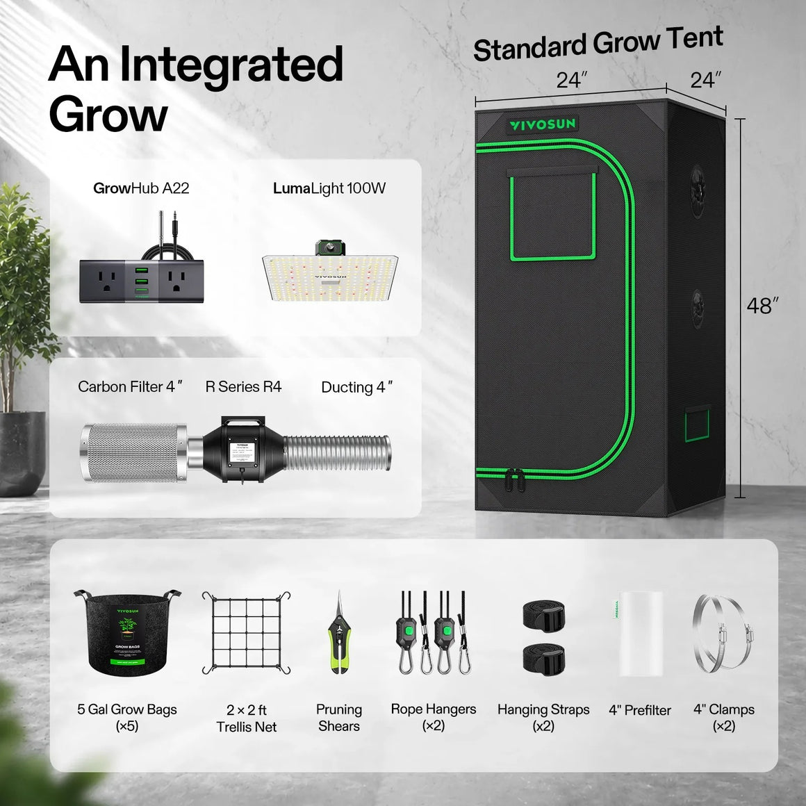 VIVOSUN 2x2x4ft grow tent kit with LED light, filter, fan, grow bags, and accessories.