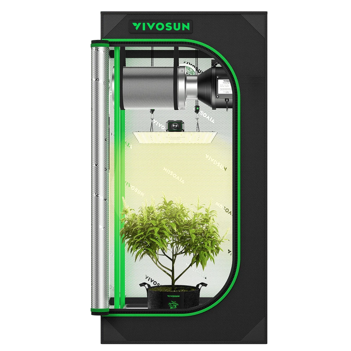 VIVOSUN grow tent kit with LED light, fan, filter, and plant.