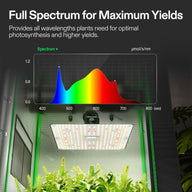 VIVOSUN full-spectrum LED grow light in a tent, showing a rainbow-colored light spectrum graph above plants.