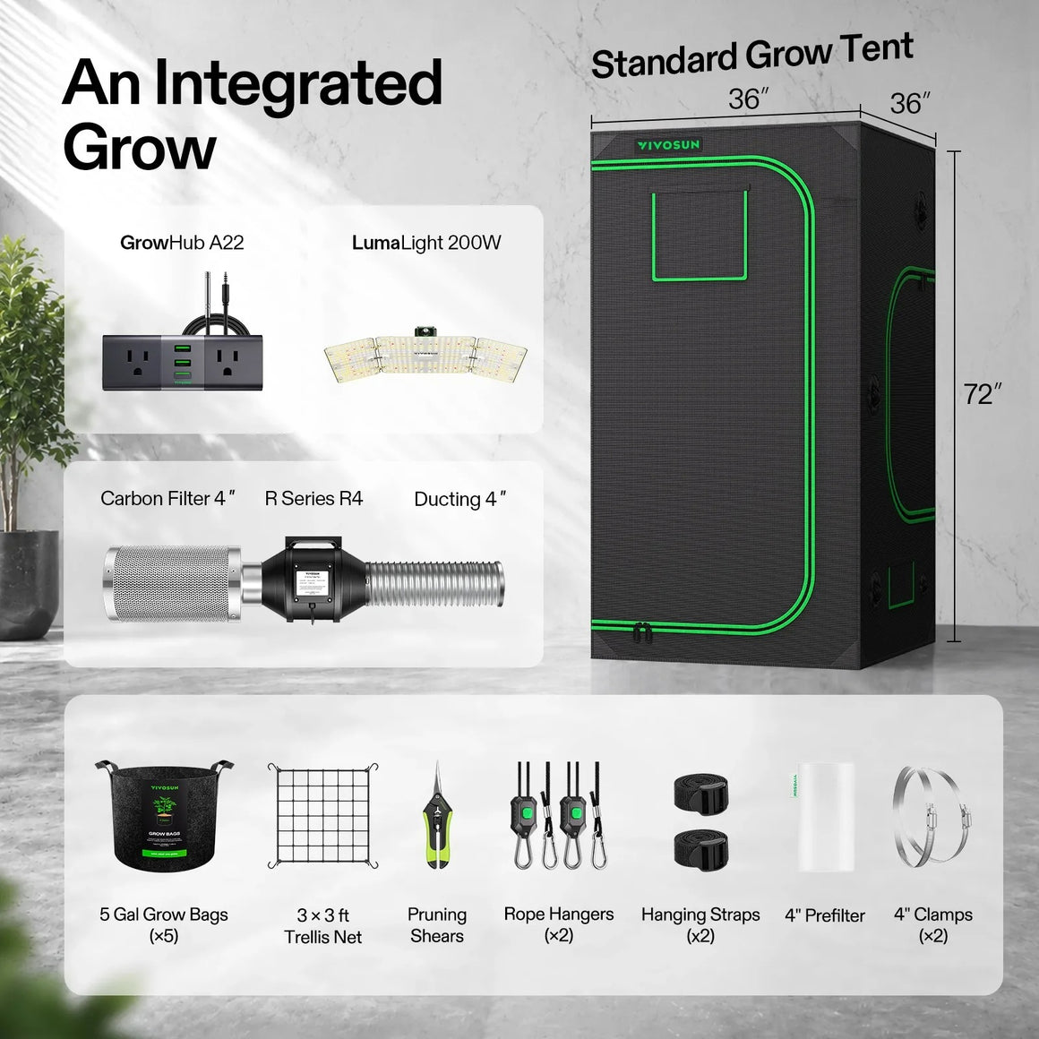 Vivosun 3x3x6 ft grow tent kit includes grow bags, trellis net, shears, rope hangers, and ducting.