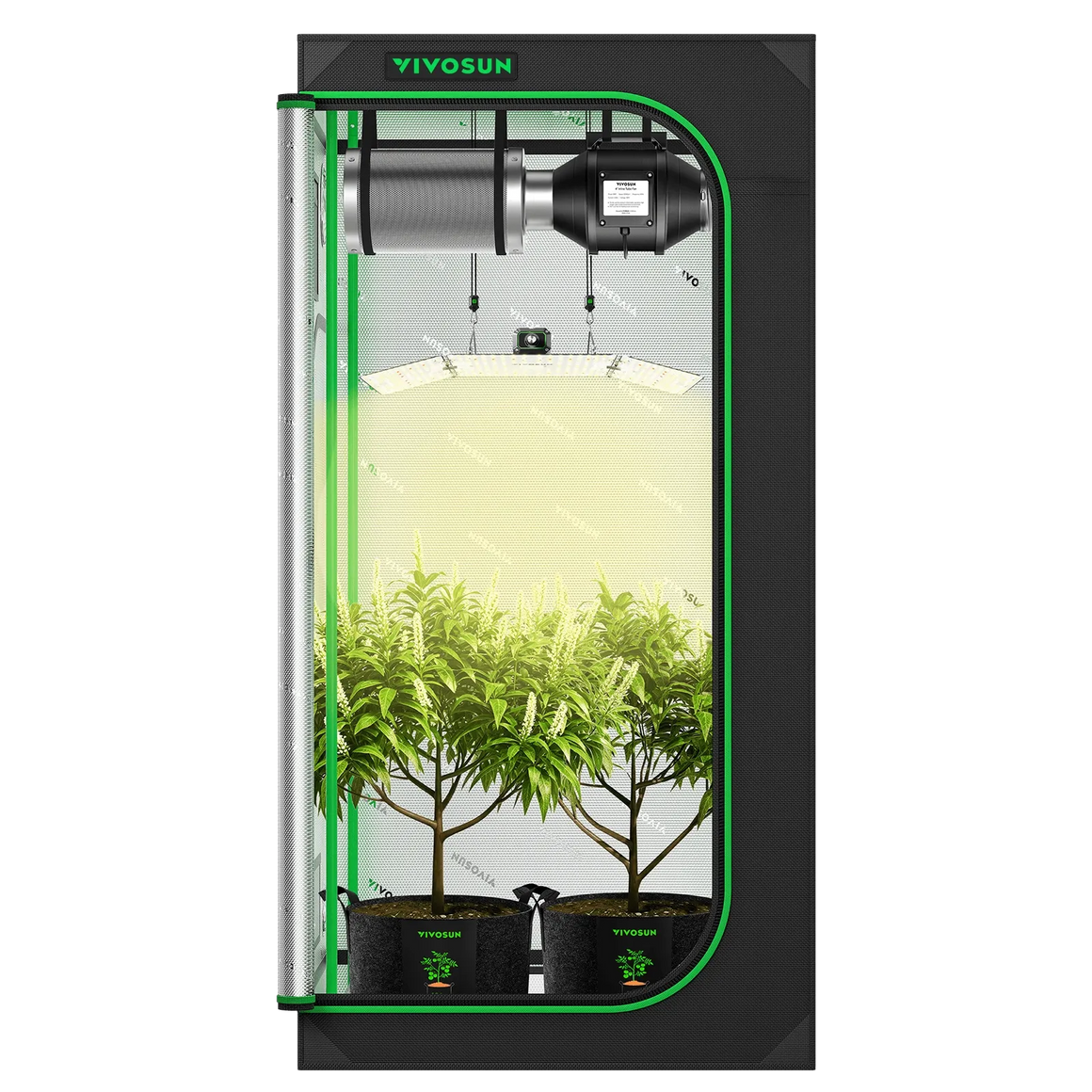 VIVOSUN 3x3 grow tent kit with LED grow light, fan, filter, and two potted plants.