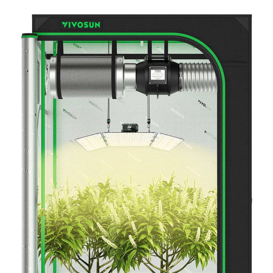 VIVOSUN 3x3 grow tent kit with LED light, inline fan, and plants.
