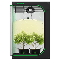 VIVOSUN 4x2 grow tent with LED lights, fan, and two potted plants.