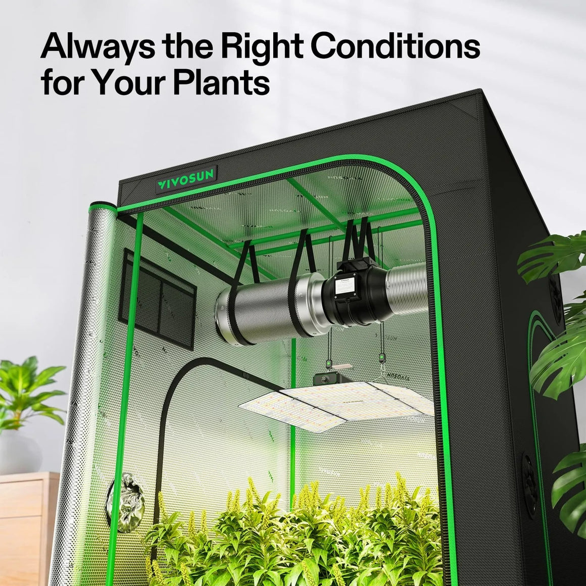 VIVOSUN grow tent kit with LED grow light, fan, and ventilation system, featuring healthy green plants.