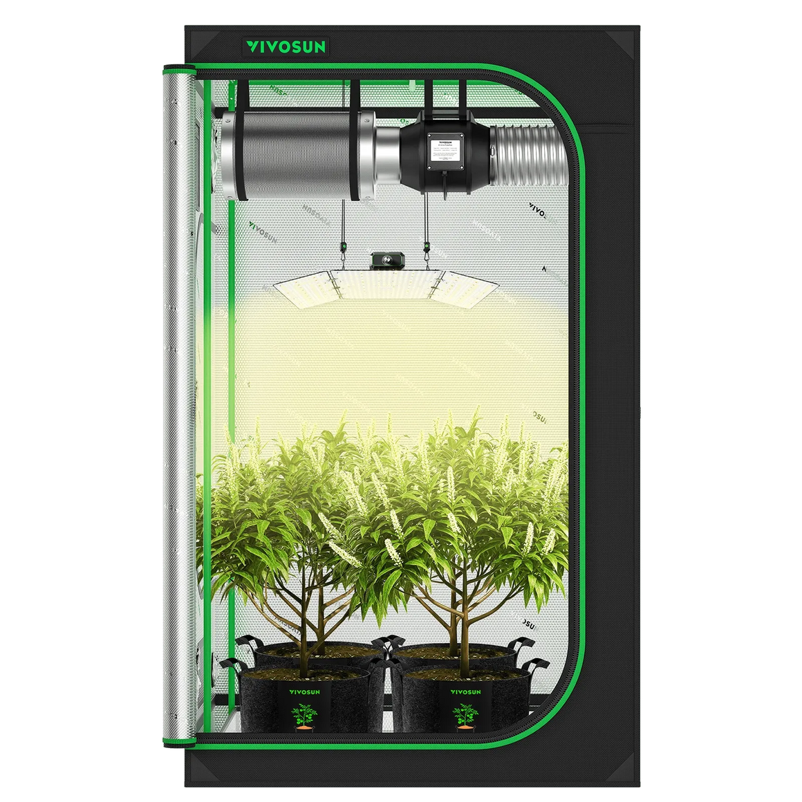 VIVOSUN 4x4 grow tent kit with plants, LED grow light, and ventilation system.