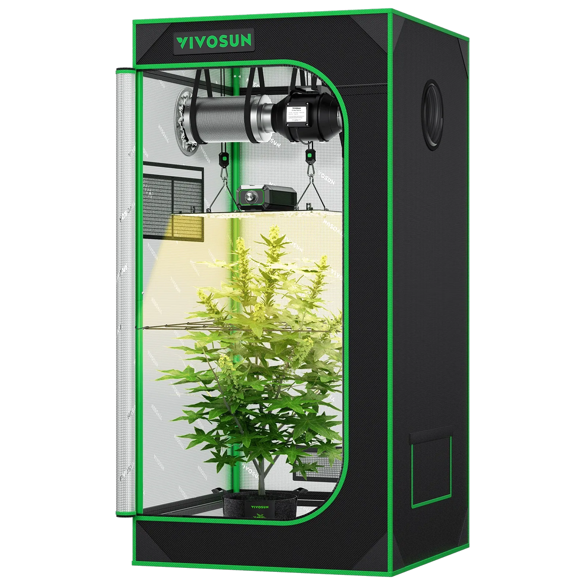 Vivosun grow tent kit, black with green trim, open to reveal plant, LED grow light, carbon filter, and inline fan.