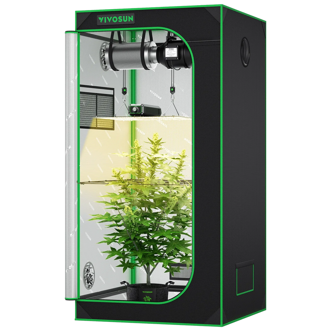 VIVOSUN black grow tent kit with green trim, open to show a full-spectrum LED light, ventilation, and a green plant.