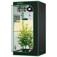 VIVOSUN black grow tent kit with green trim, open to show a full-spectrum LED light, ventilation, and a green plant.