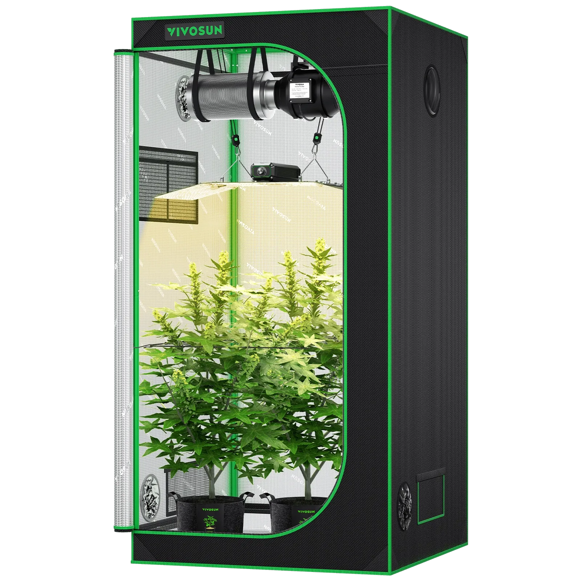 VIVOSUN 3x3x3 grow tent kit with full spectrum LED light, carbon filter, fan, and two green plants in fabric pots.