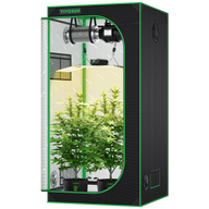 VIVOSUN 3x3x3 grow tent kit with full spectrum LED light, carbon filter, fan, and two green plants in fabric pots.