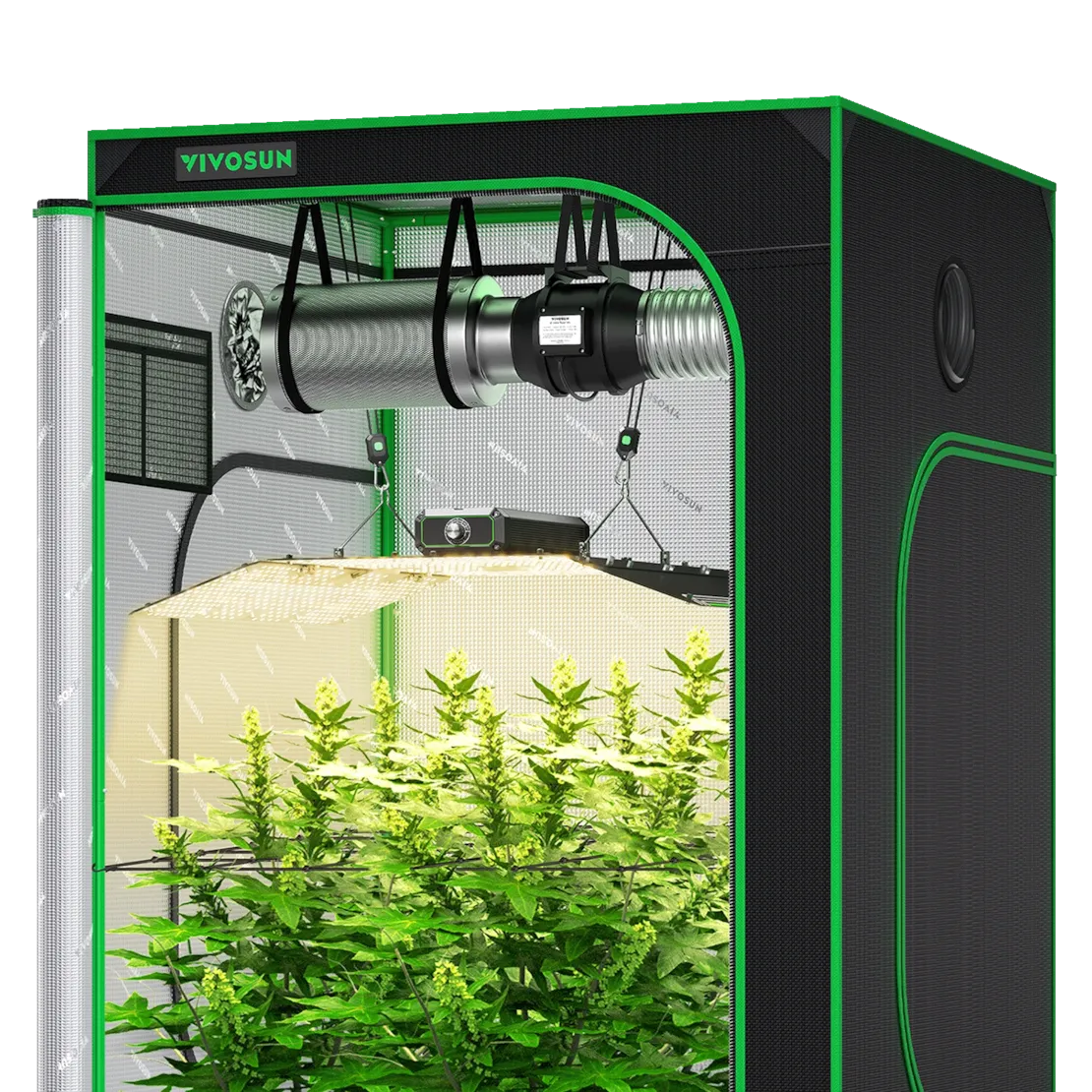 Vivosun starter grow tent kit, interior with bright green plants under a full spectrum LED light, and ventilation.