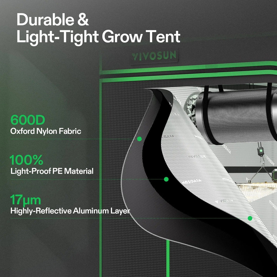 Durable VIVOSUN grow tent wall cross-section: 600D nylon, light-proof PE, and 17μm reflective aluminum layers.