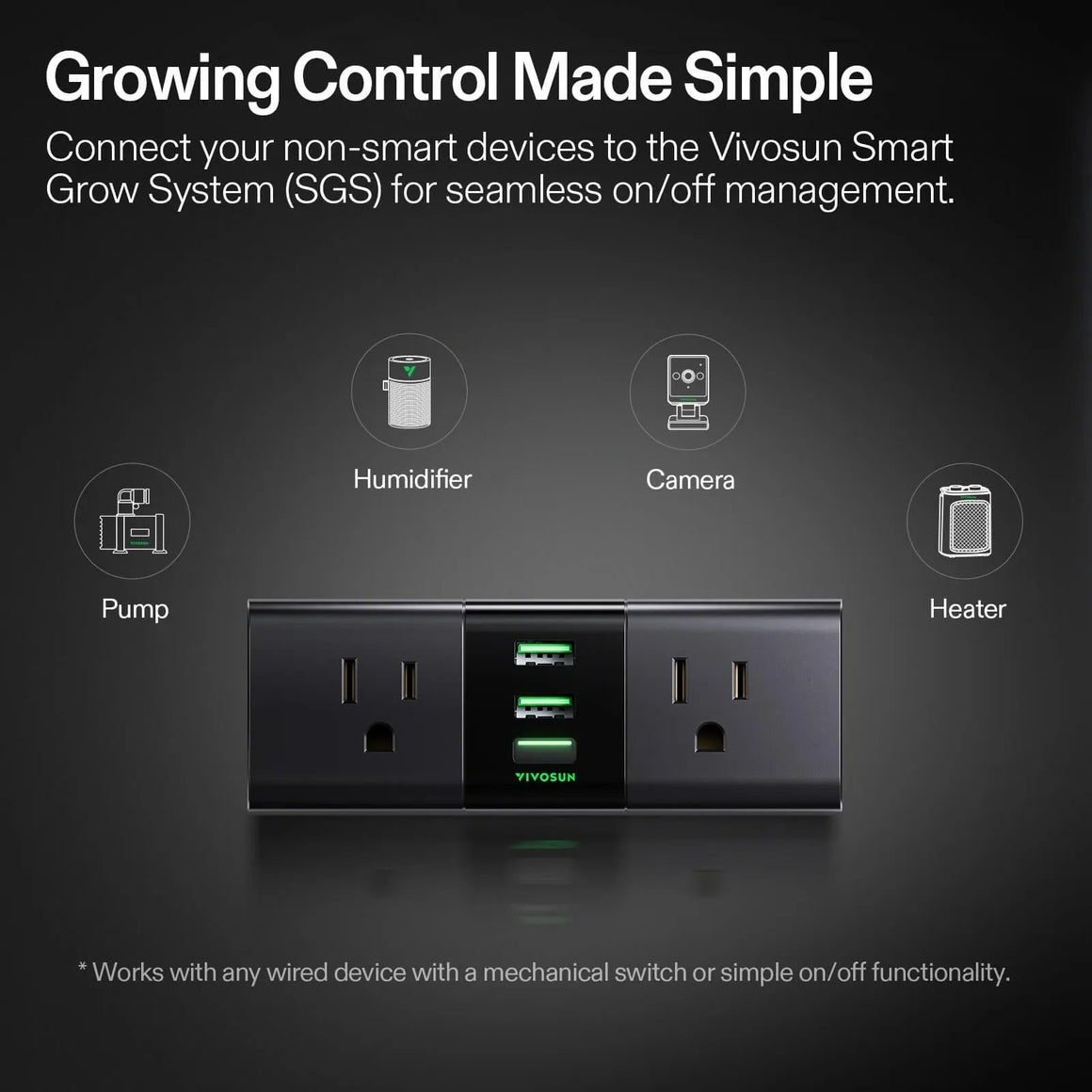 Vivosun Smart Grow System power strip with US outlets and green USB ports, managing humidifier, camera, pump, heater.