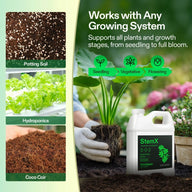 VIVOSUN StemX 0-0-2 soluble silicon supplement bottle next to a plant and growing mediums.