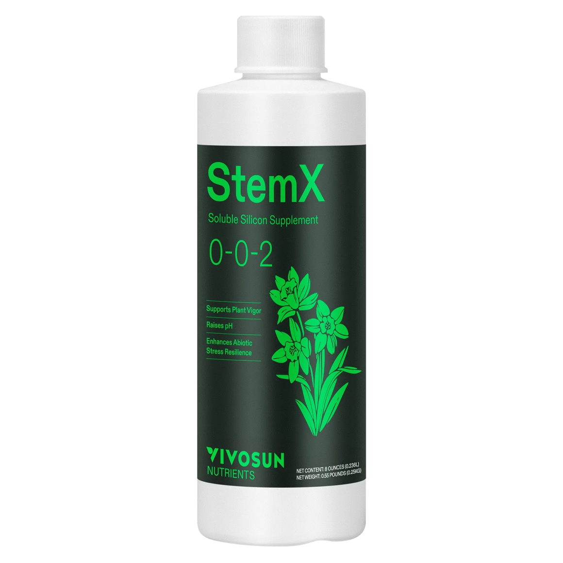 Vivosun StemX soluble silicon supplement bottle with green text and plant illustration.
