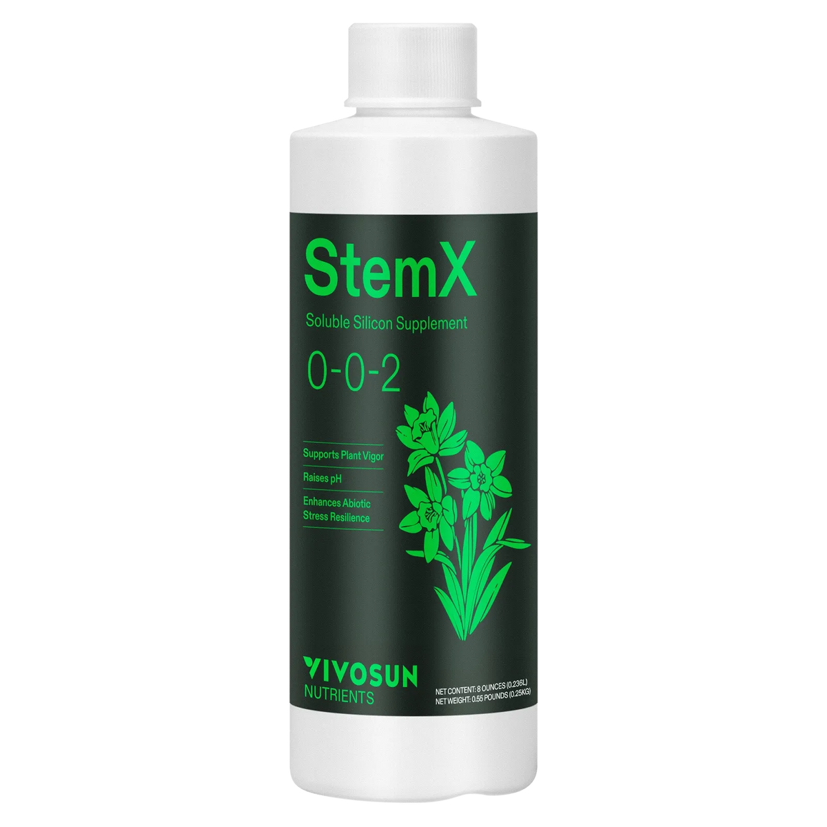 Vivosun StemX soluble silicon supplement bottle with green text and plant illustration.