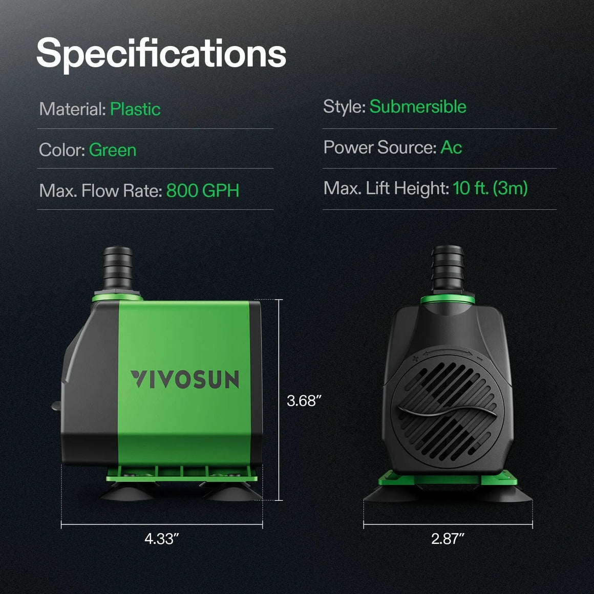 VIVOSUN 24W green submersible water pump specs: plastic, AC powered, 800 GPH flow, 10 ft. lift. Dimensions shown.