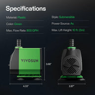 VIVOSUN 24W green submersible water pump specs: plastic, AC powered, 800 GPH flow, 10 ft. lift. Dimensions shown.
