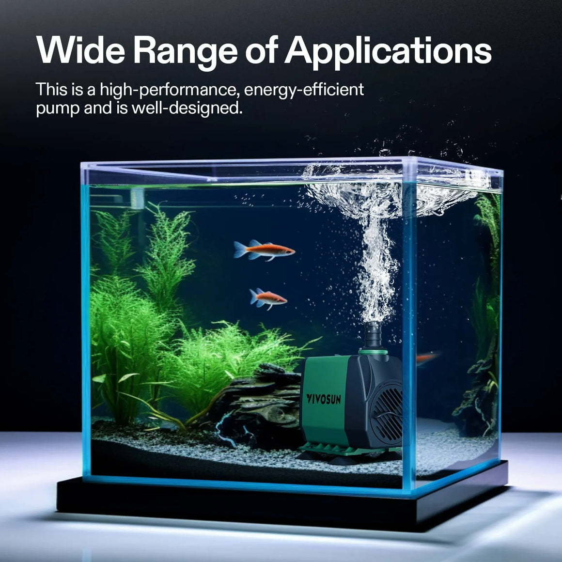 Vivosun 24W submersible water pump in a vibrant aquarium with orange fish and lush green plants.